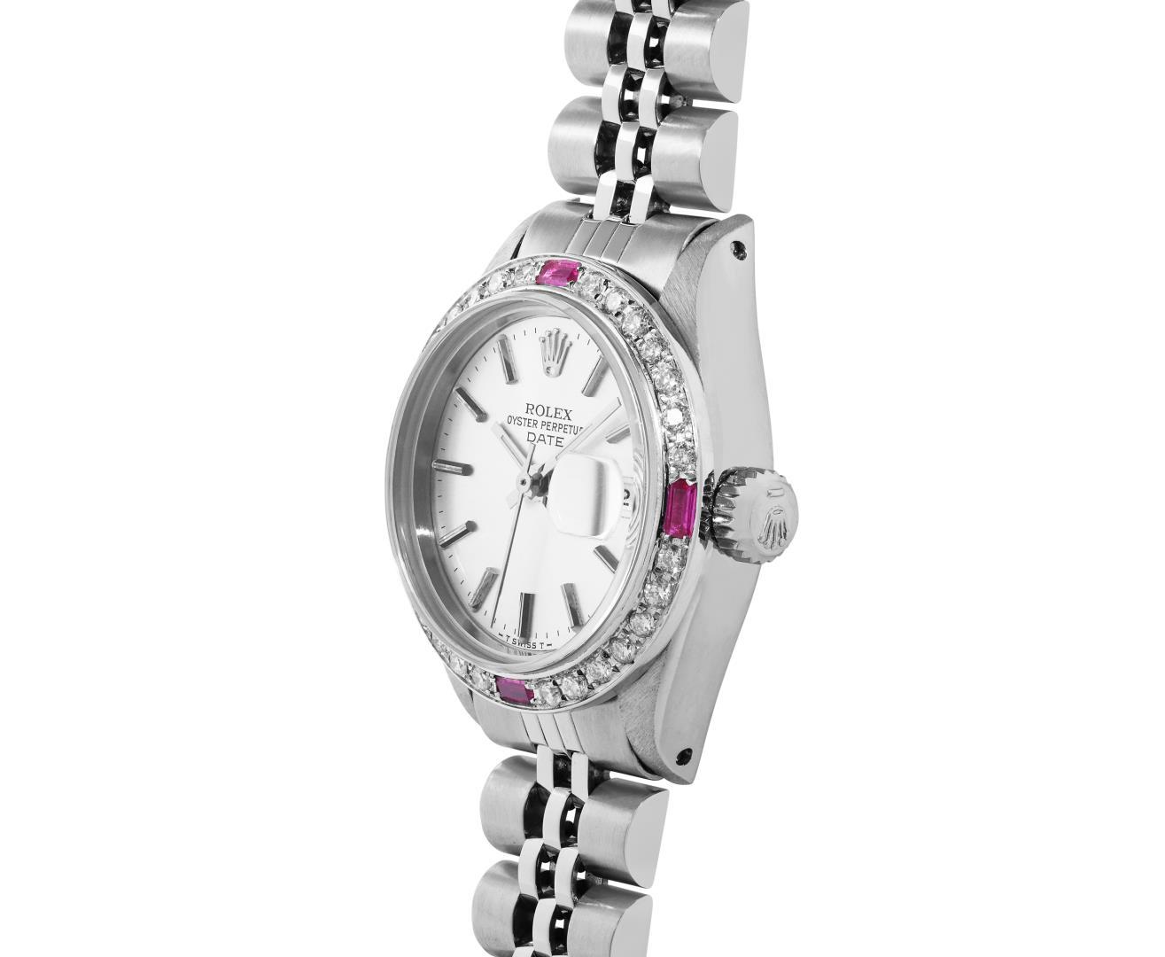 Rolex Ladies Stainless Steel 26MM Silver Index Dial Diamond And Ruby Bezel Date