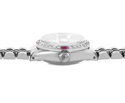 Rolex Ladies Stainless Steel 26MM Silver Index Dial Diamond And Ruby Bezel Date