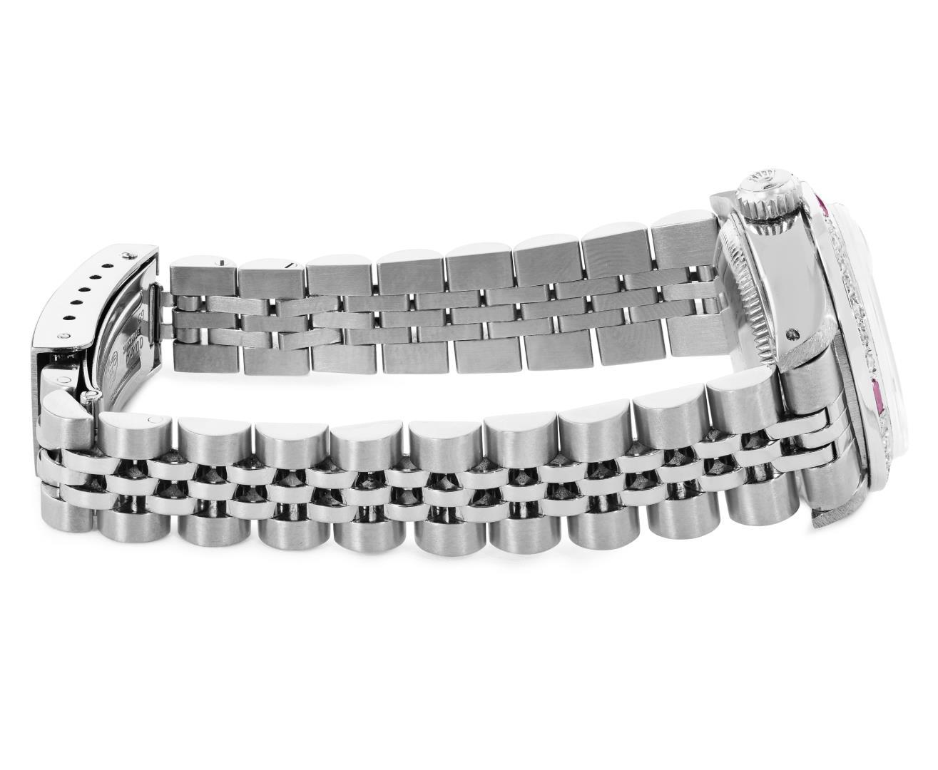 Rolex Ladies Stainless Steel 26MM Silver Index Dial Diamond And Ruby Bezel Date
