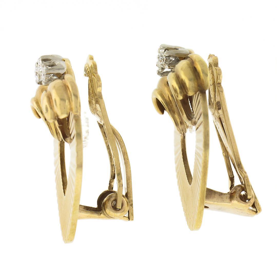 Vintage Retro 14K Gold & Platinum w/ Diamond Grooved Fluted Clip On Earrings