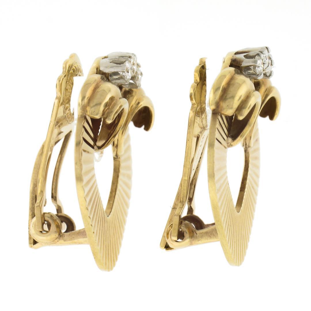 Vintage Retro 14K Gold & Platinum w/ Diamond Grooved Fluted Clip On Earrings