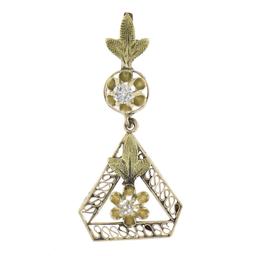 Antique 10K Gold 0.07 ctw Diamond Open Work Floral Drop Dangle Lavalier Pendant