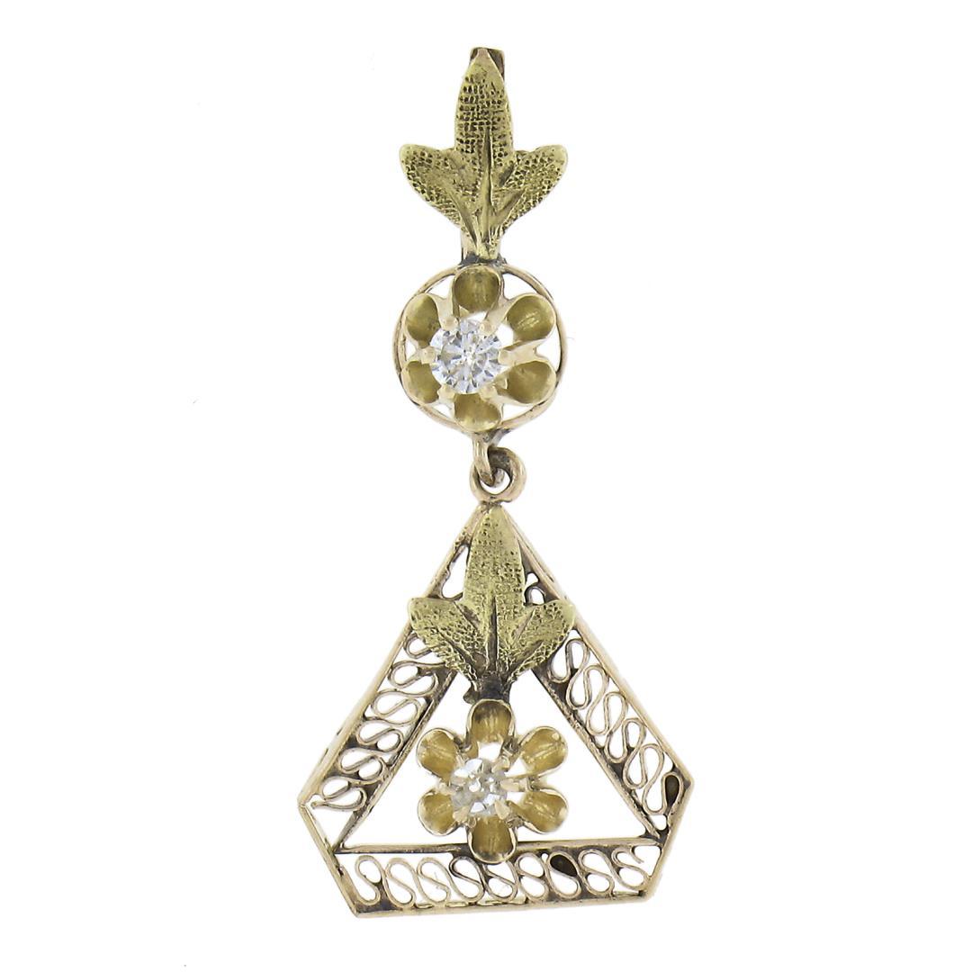 Antique 10K Gold 0.07 ctw Diamond Open Work Floral Drop Dangle Lavalier Pendant