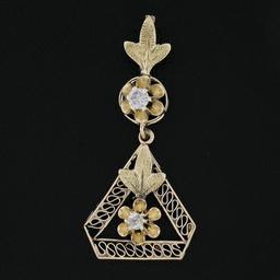 Antique 10K Gold 0.07 ctw Diamond Open Work Floral Drop Dangle Lavalier Pendant