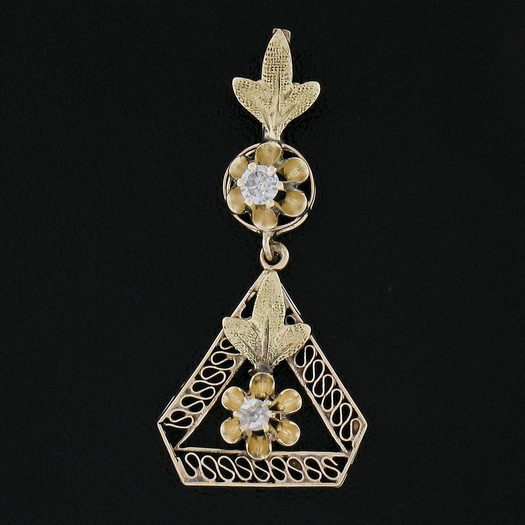 Antique 10K Gold 0.07 ctw Diamond Open Work Floral Drop Dangle Lavalier Pendant