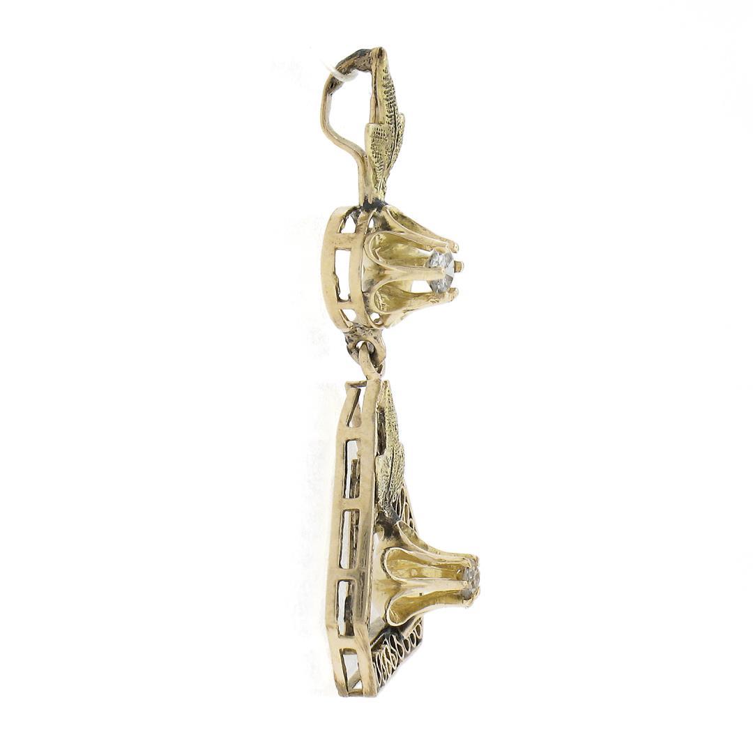 Antique 10K Gold 0.07 ctw Diamond Open Work Floral Drop Dangle Lavalier Pendant
