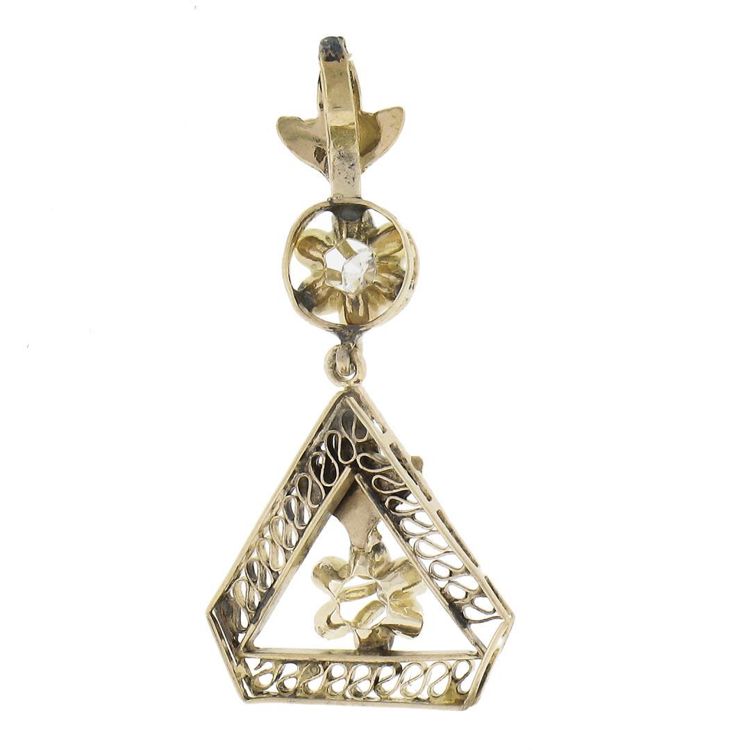 Antique 10K Gold 0.07 ctw Diamond Open Work Floral Drop Dangle Lavalier Pendant