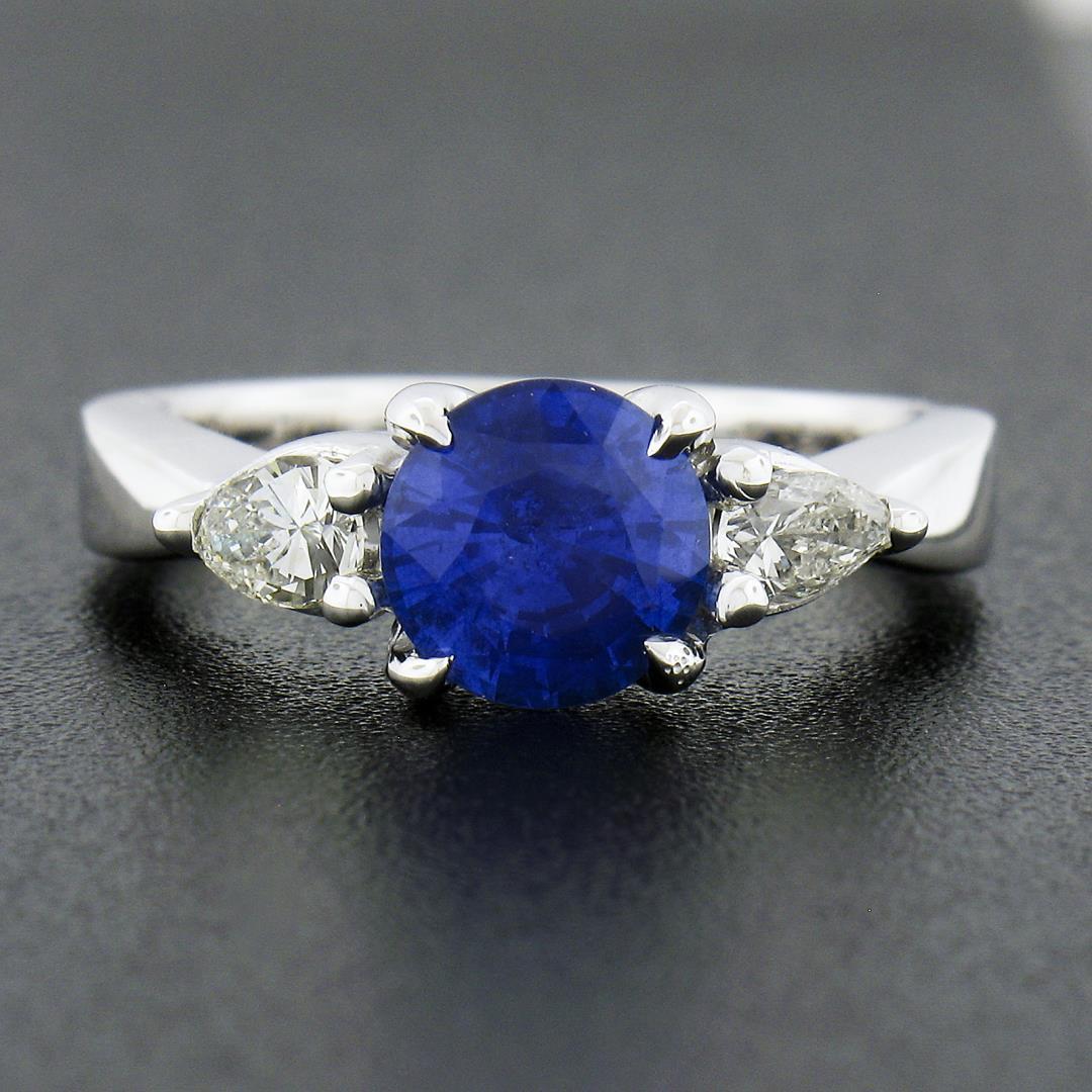 14k White Gold 2.01 ctw GIA Ceylon Round Sapphire & Pear Diamond Accents Ring