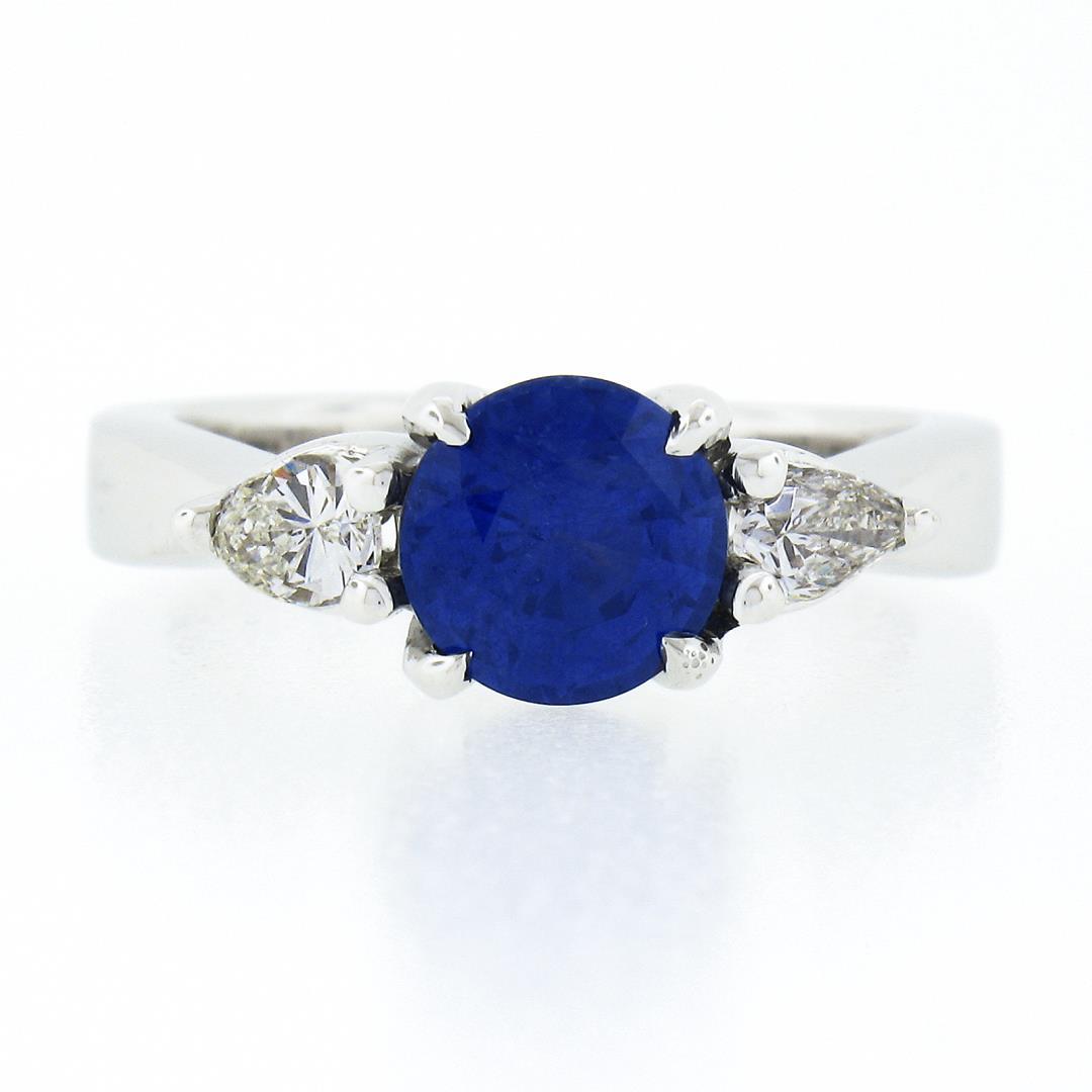 14k White Gold 2.01 ctw GIA Ceylon Round Sapphire & Pear Diamond Accents Ring
