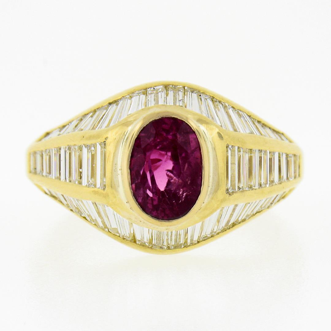 18K Yellow Gold 3.85 ctw GIA Burma No Heat Ruby Baguette Cut Diamond Cocktail Ri