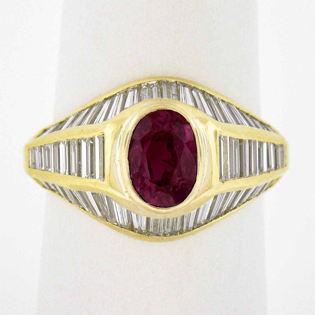 18K Yellow Gold 3.85 ctw GIA Burma No Heat Ruby Baguette Cut Diamond Cocktail Ri