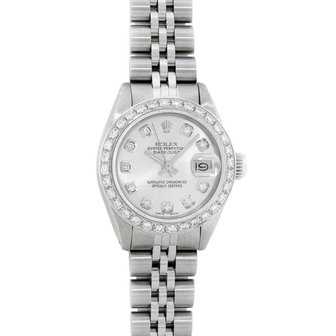 Rolex Ladies Quickset Stainless Steel Silver Diamond Bezel Datejust Wristwatch 2