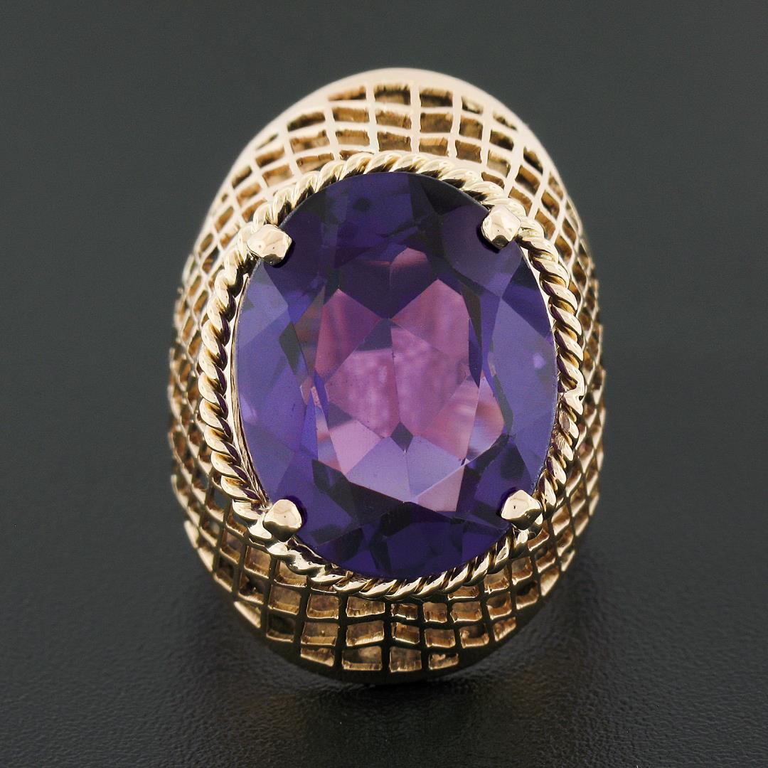 Vintage 14k Gold Oval Synthetic Alexandrite Crisscross Open Work Solitaire Ring