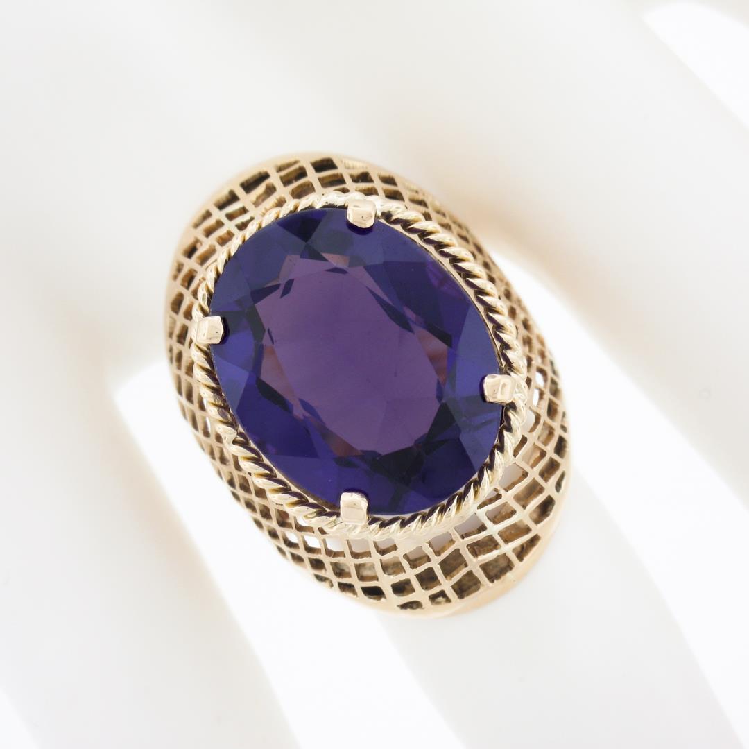Vintage 14k Gold Oval Synthetic Alexandrite Crisscross Open Work Solitaire Ring