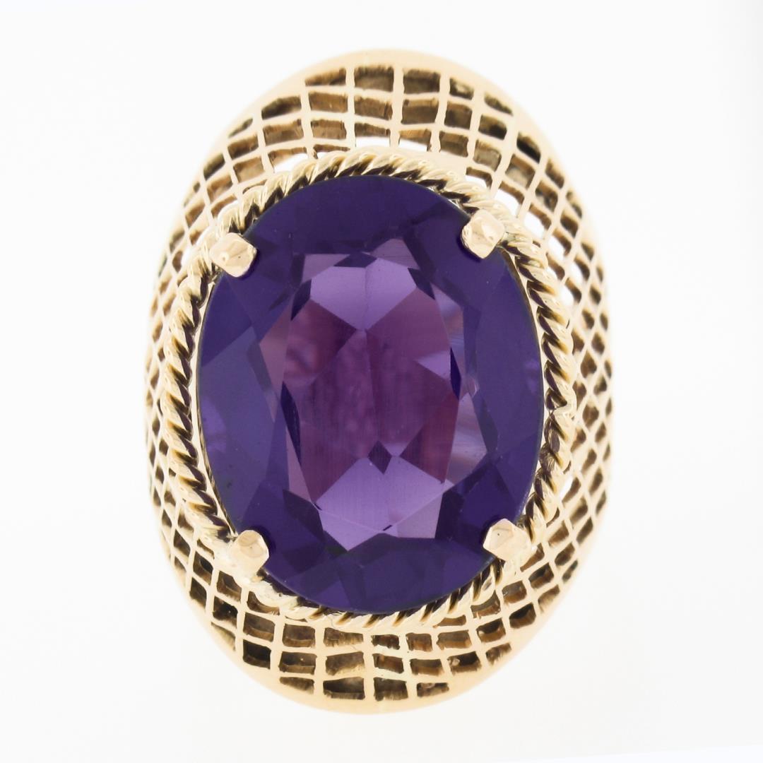 Vintage 14k Gold Oval Synthetic Alexandrite Crisscross Open Work Solitaire Ring