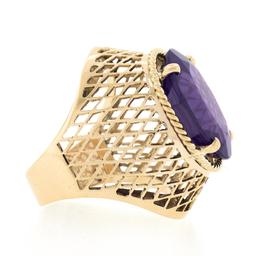 Vintage 14k Gold Oval Synthetic Alexandrite Crisscross Open Work Solitaire Ring