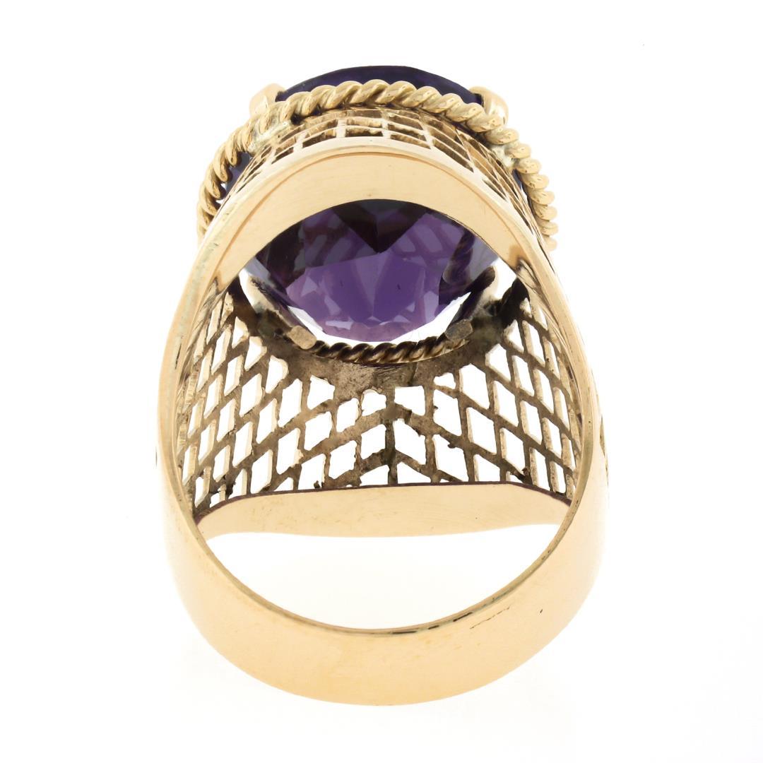 Vintage 14k Gold Oval Synthetic Alexandrite Crisscross Open Work Solitaire Ring