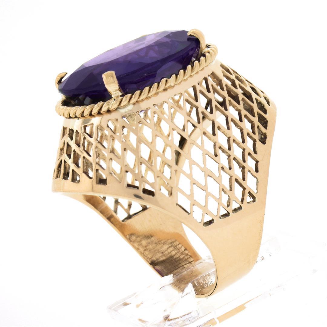 Vintage 14k Gold Oval Synthetic Alexandrite Crisscross Open Work Solitaire Ring