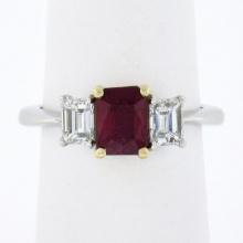 18K Gold & Platinum 2.15 ctw GIA Burma VIVID RED Ruby & Emerald Cut Diamond Ring