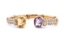 18KT Yellow Gold 9.26 ctw Amethyst, Citrine & Diamond Flex Bangle Bracelet