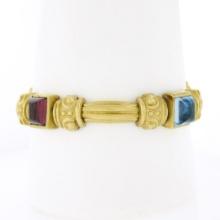 18K Gold & Bezel Set Multi Color Cabochon Gemstone Scroll Grooved Link Bracelet