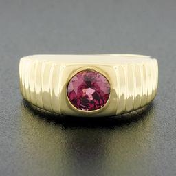 Mens 14k Gold 1.50 ctw Round Burnish Bezel Rhodolite Garnet Solitaire Grooved Ri
