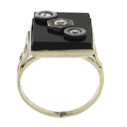 Vintage 10k White Gold Rectangular Black Onyx w/ Diamond Open Work Sides Ring