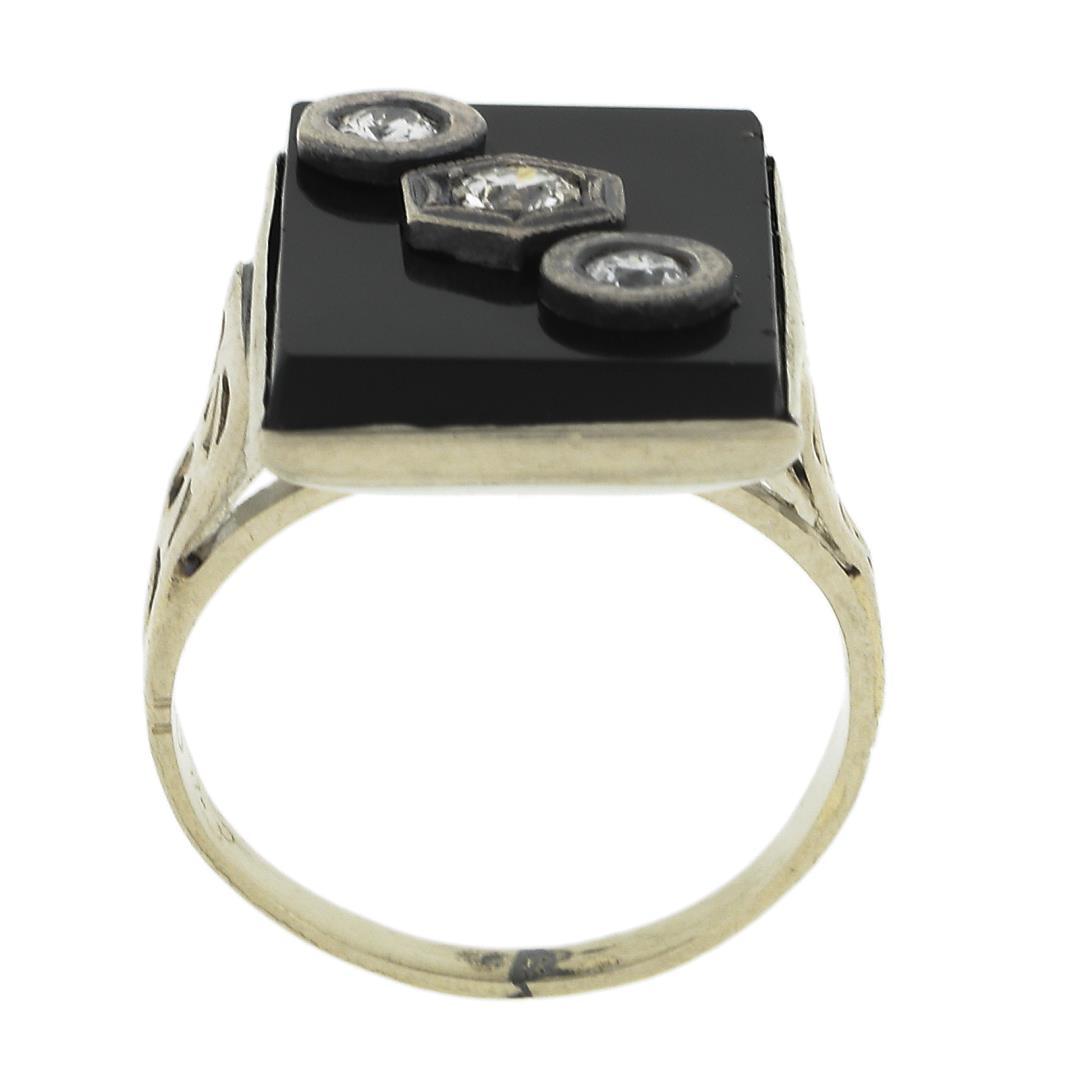 Vintage 10k White Gold Rectangular Black Onyx w/ Diamond Open Work Sides Ring