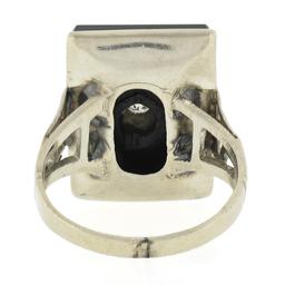 Vintage 10k White Gold Rectangular Black Onyx w/ Diamond Open Work Sides Ring
