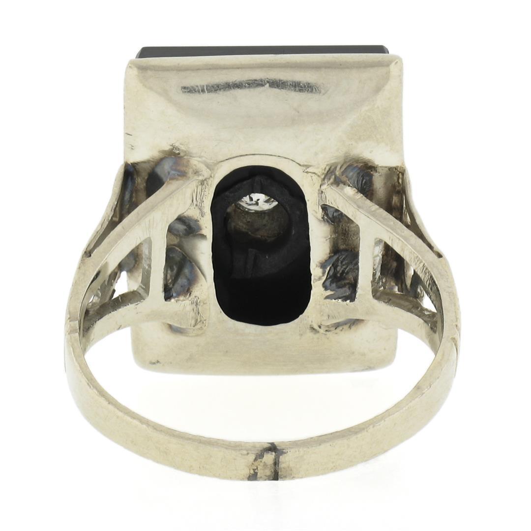 Vintage 10k White Gold Rectangular Black Onyx w/ Diamond Open Work Sides Ring