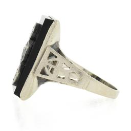 Vintage 10k White Gold Rectangular Black Onyx w/ Diamond Open Work Sides Ring
