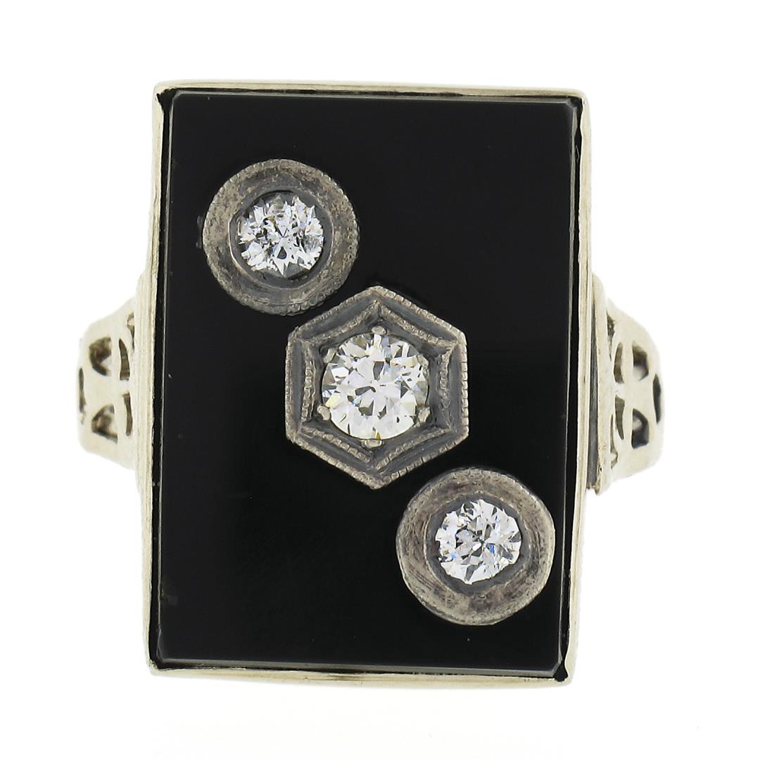 Vintage 10k White Gold Rectangular Black Onyx w/ Diamond Open Work Sides Ring
