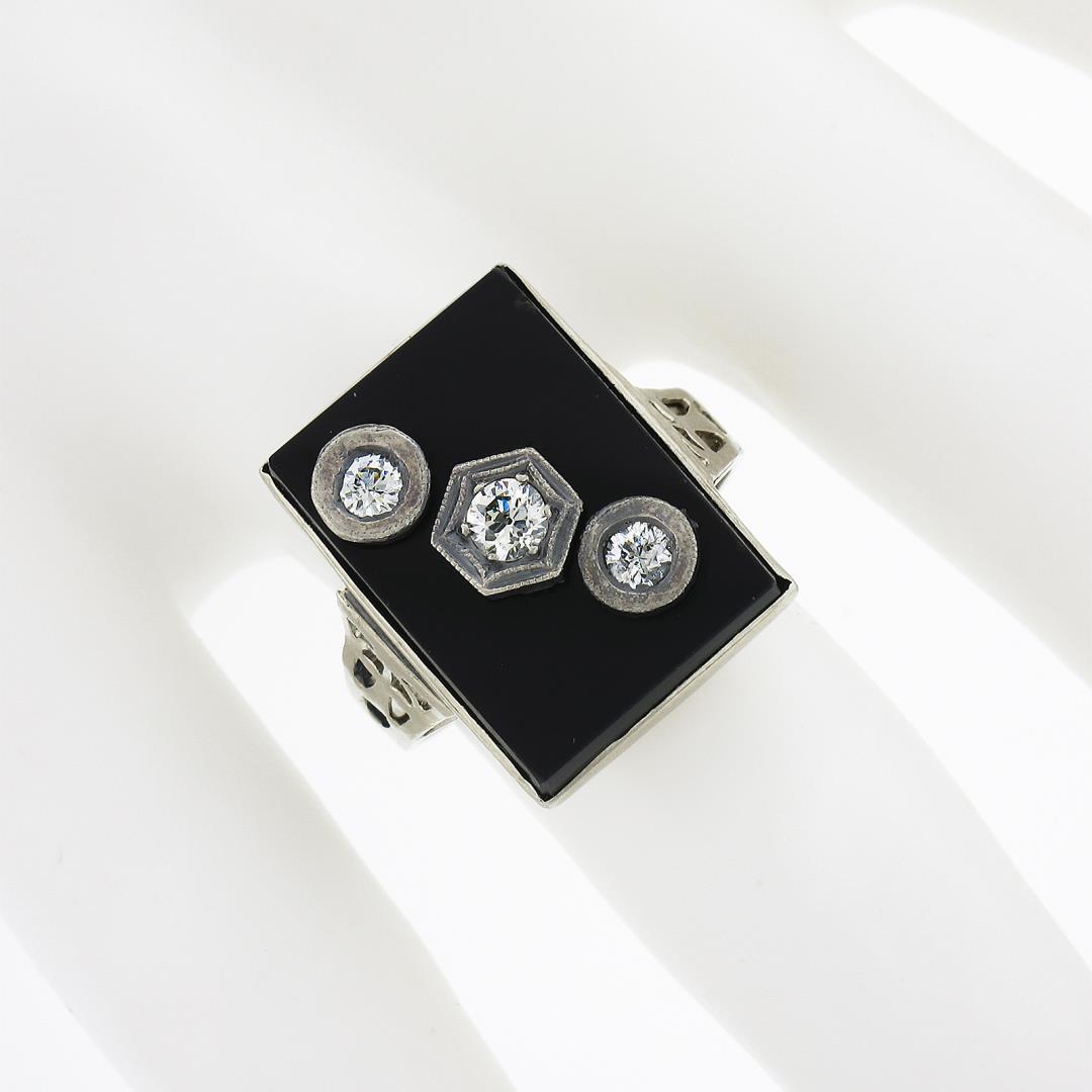 Vintage 10k White Gold Rectangular Black Onyx w/ Diamond Open Work Sides Ring