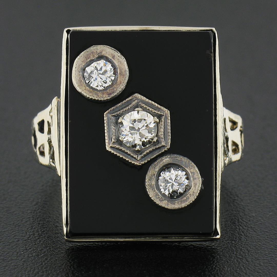 Vintage 10k White Gold Rectangular Black Onyx w/ Diamond Open Work Sides Ring