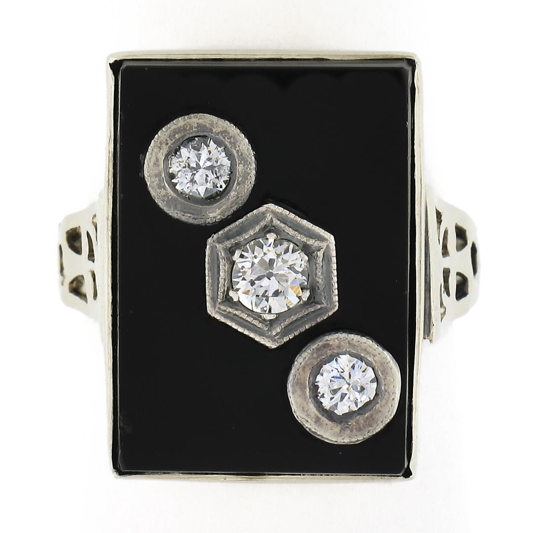Vintage 10k White Gold Rectangular Black Onyx w/ Diamond Open Work Sides Ring