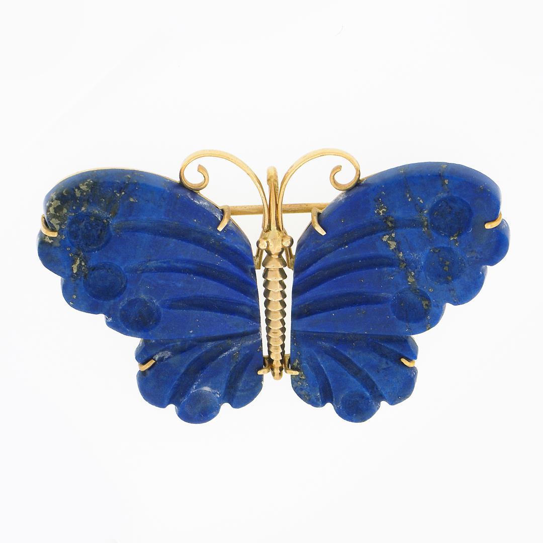 Vintage 14K Gold Custom Cut Carved Lapis Lazuli Butterfly Brooch Pin Pendant