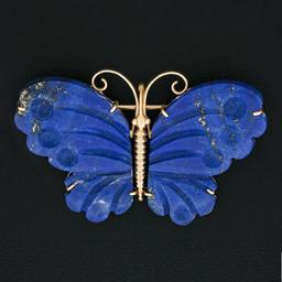 Vintage 14K Gold Custom Cut Carved Lapis Lazuli Butterfly Brooch Pin Pendant