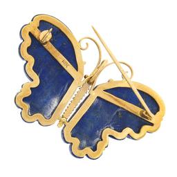 Vintage 14K Gold Custom Cut Carved Lapis Lazuli Butterfly Brooch Pin Pendant
