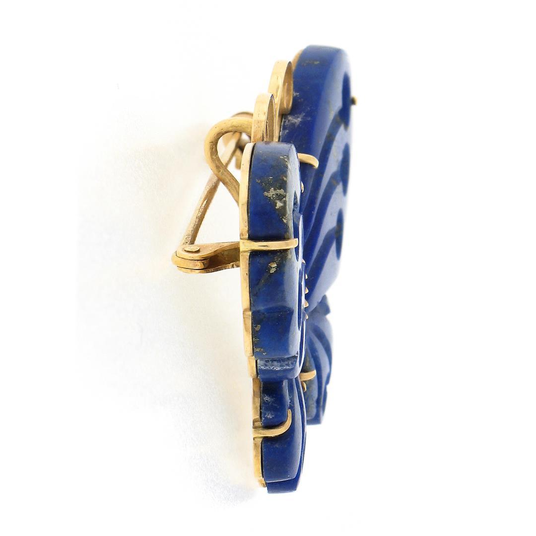 Vintage 14K Gold Custom Cut Carved Lapis Lazuli Butterfly Brooch Pin Pendant