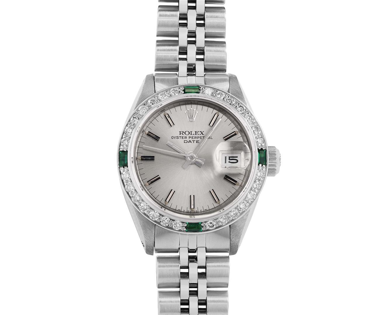 Rolex Ladies Stainless Steel Silver Index Dial Diamond And Emerald Date Watch