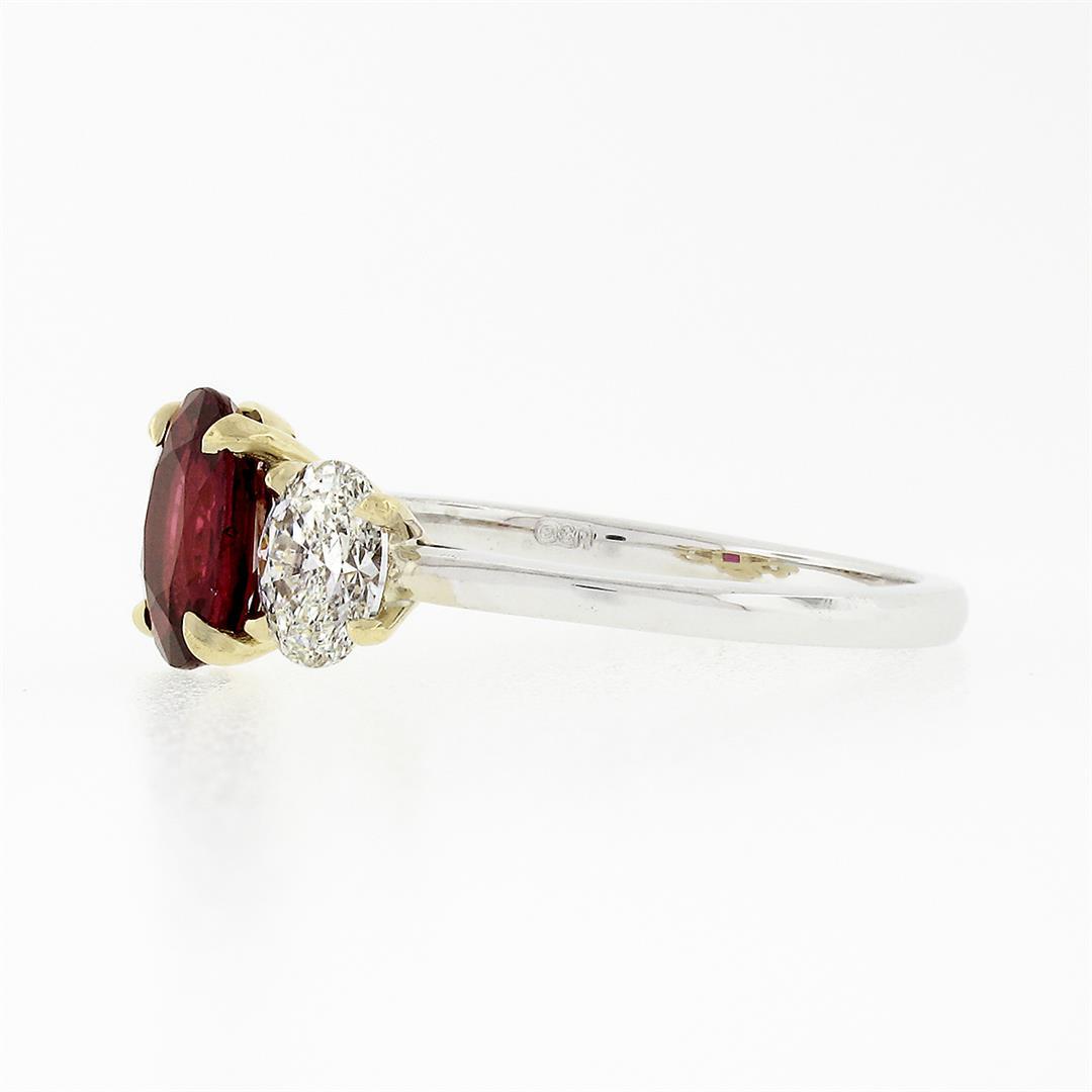 New 18k Gold GIA FINE Vivid Red Oval Ruby & Diamond Three Stone Engagement Ring