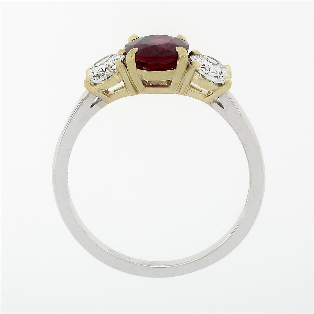 New 18k Gold GIA FINE Vivid Red Oval Ruby & Diamond Three Stone Engagement Ring