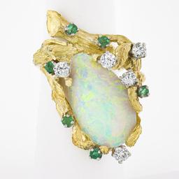Vintage 18k Gold GIA Pear Cabochon Opal w/ Diamond & Emerald Bark Textured Ring