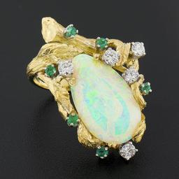 Vintage 18k Gold GIA Pear Cabochon Opal w/ Diamond & Emerald Bark Textured Ring