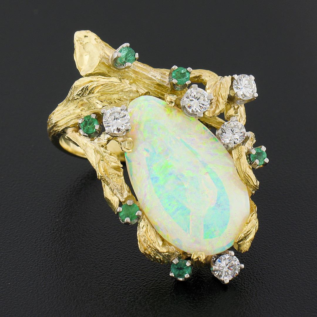 Vintage 18k Gold GIA Pear Cabochon Opal w/ Diamond & Emerald Bark Textured Ring