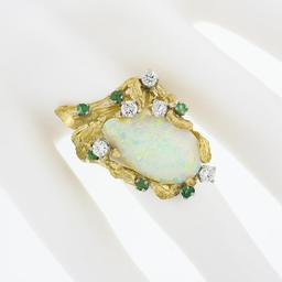 Vintage 18k Gold GIA Pear Cabochon Opal w/ Diamond & Emerald Bark Textured Ring