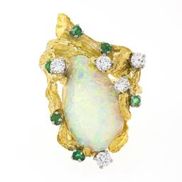 Vintage 18k Gold GIA Pear Cabochon Opal w/ Diamond & Emerald Bark Textured Ring