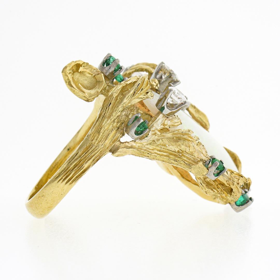 Vintage 18k Gold GIA Pear Cabochon Opal w/ Diamond & Emerald Bark Textured Ring