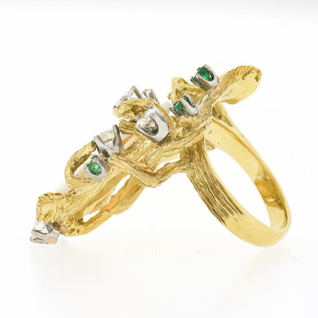 Vintage 18k Gold GIA Pear Cabochon Opal w/ Diamond & Emerald Bark Textured Ring