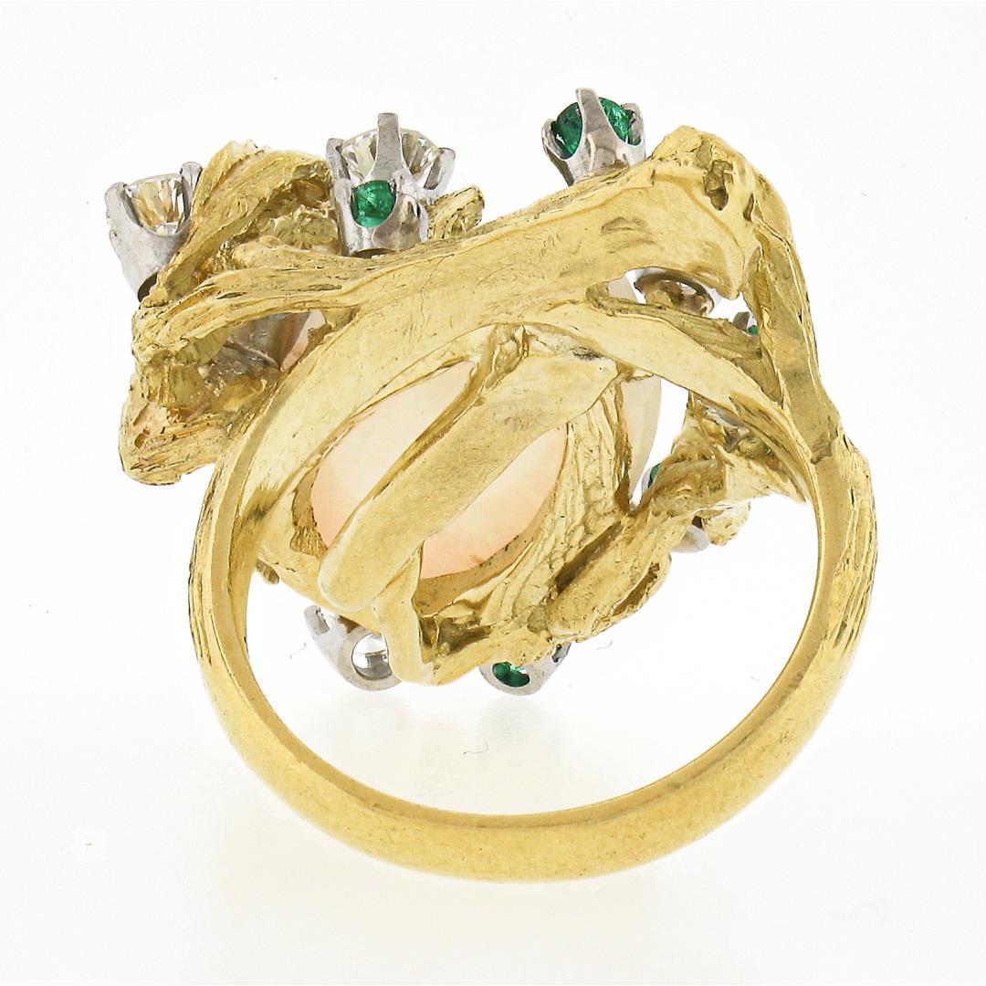 Vintage 18k Gold GIA Pear Cabochon Opal w/ Diamond & Emerald Bark Textured Ring